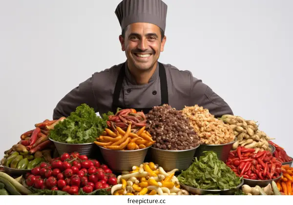 Happy chef posing with an assortment of fresh produce