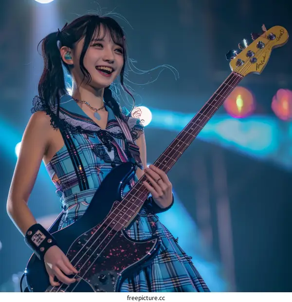 Japanese female bassist Risa Honma playing bass guitar on stage