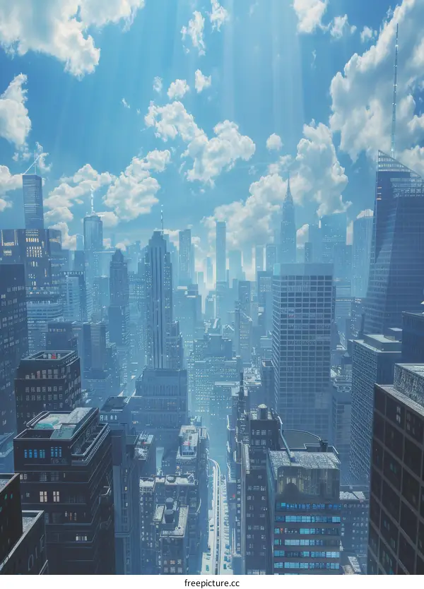 Soaring Skyscrapers and Clear Blue Sky in a Bustling City