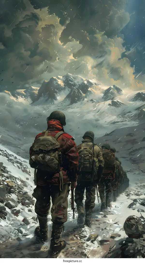 Soldiers Marching Through Snowy Mountains