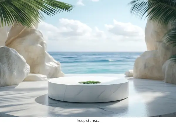 Coastal Marble Podium Display with Tropical Vibes