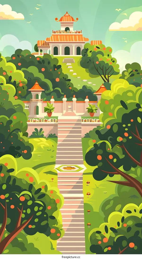 Illustration of Chinese Style Garden with Stairway