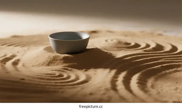 A small white bowl sitting on a sandy surface with circular patterns
