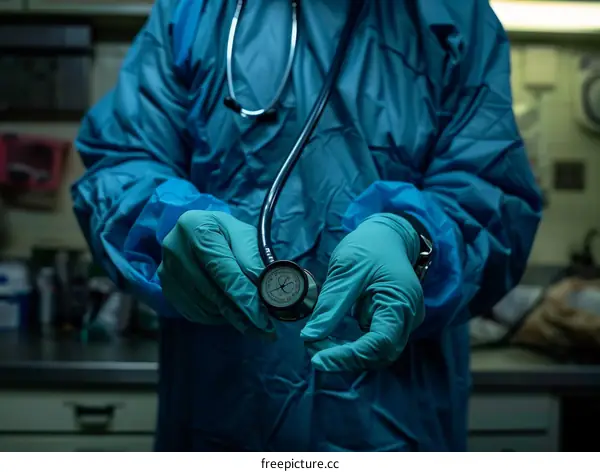 Doctor in blue scrubs and gloves holding a stethoscope