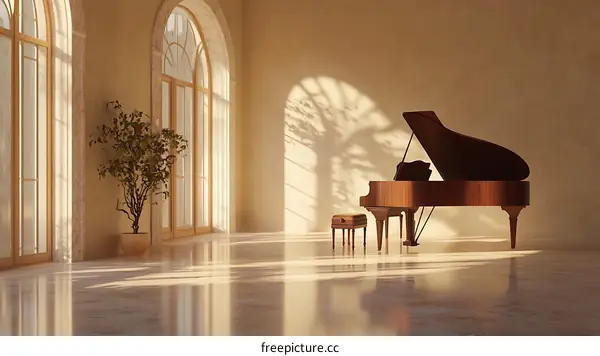 Grand Piano in a Sunlit Room with Arch Windows