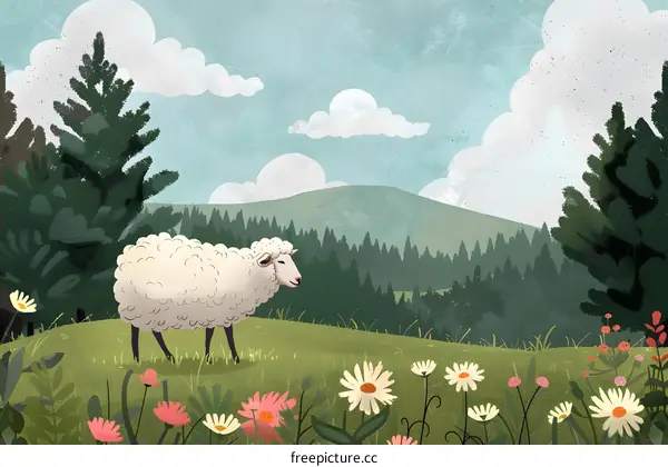 White Sheep in a Meadow Landscape