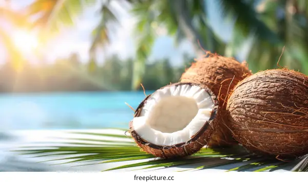 Coconuts on a tropical beach with palm trees