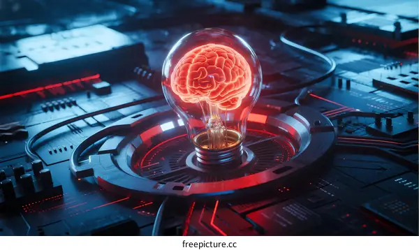 Light Bulb with Human Brain Inside on Circuit Board