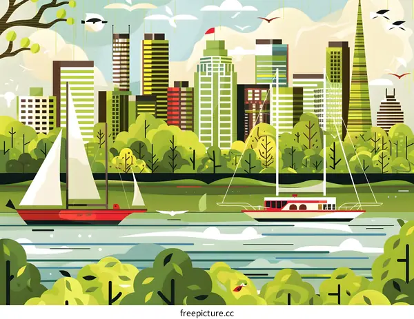 Cityscape Illustration with Sailboats and Buildings
