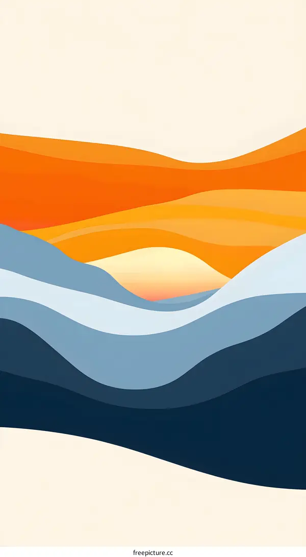 Abstract Landscape Illustration With Wavy Lines and Sunset