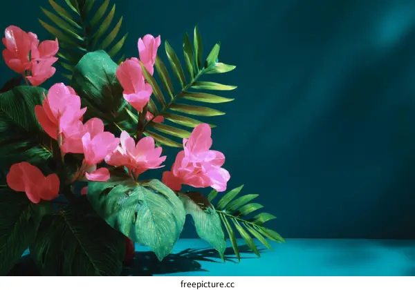 Pink Tropical Floral Arrangement Against Teal Background