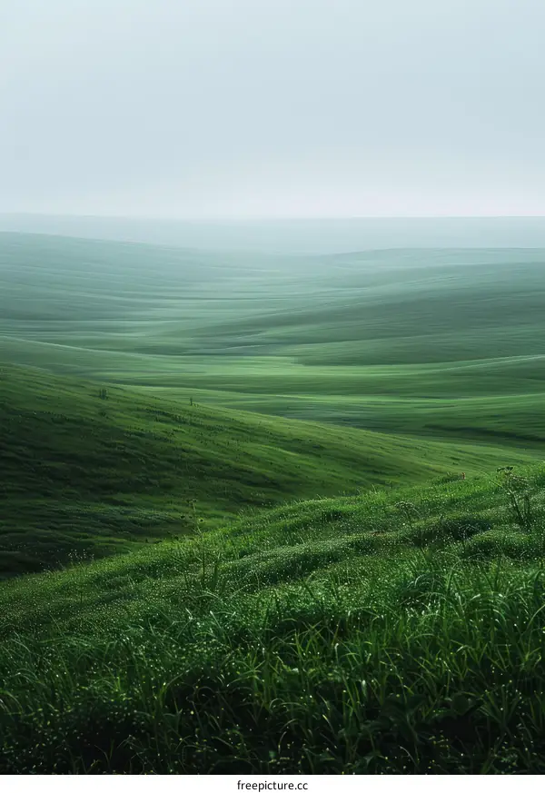Green Rolling Hills Under a Foggy Sky