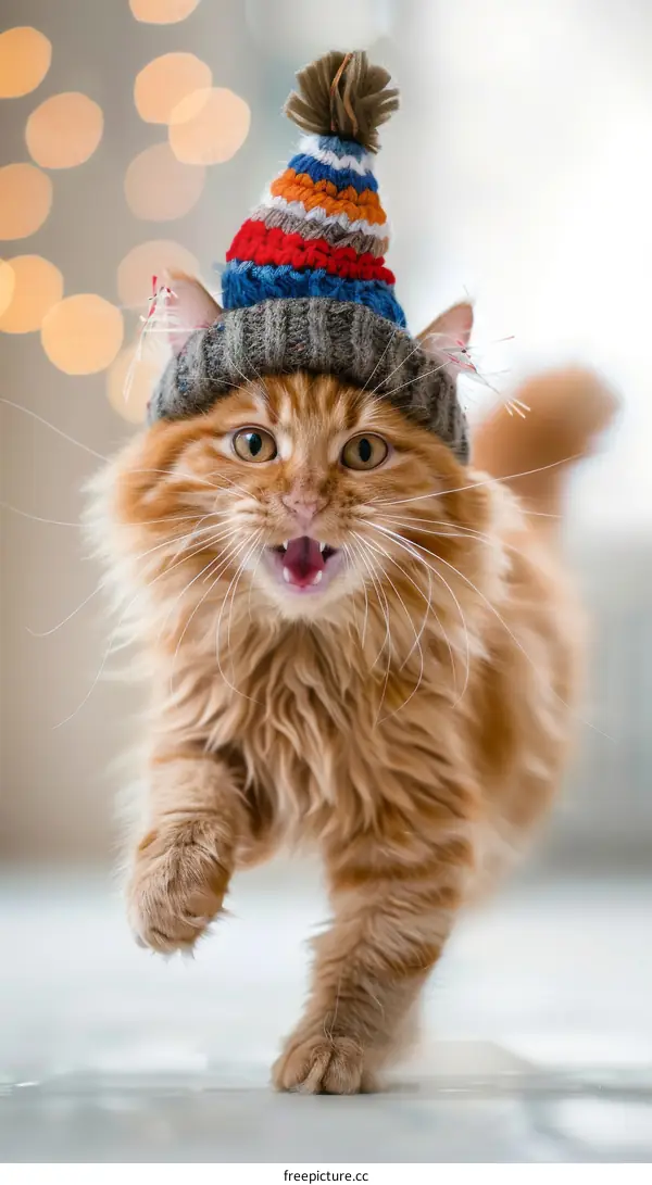 ginger cat wearing a colorful winter hat