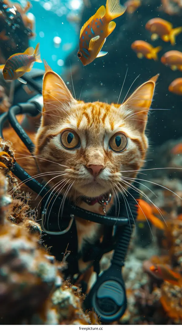 Cat wearing scuba mask stares at camera