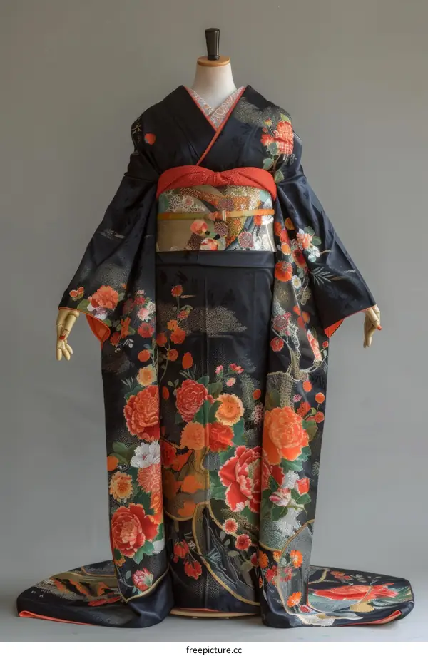 A woman wearing a black kimono with red and orange floral patterns.