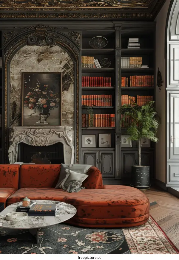 Opulent Living Room with Red Velvet Sofa and Marble Fireplace