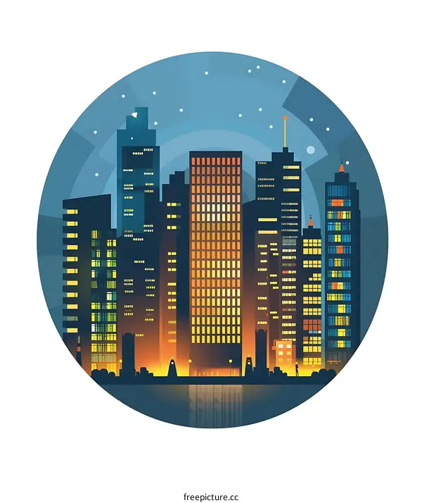 Night Cityscape Illustration with Buildings and Stars