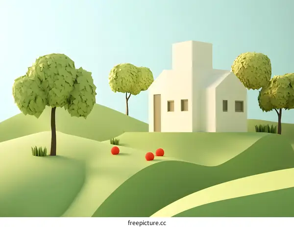 Minimalist Cartoon Illustration of a White House on a Green Hill