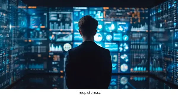 Businessman looking at multiple screens of data in a control room.