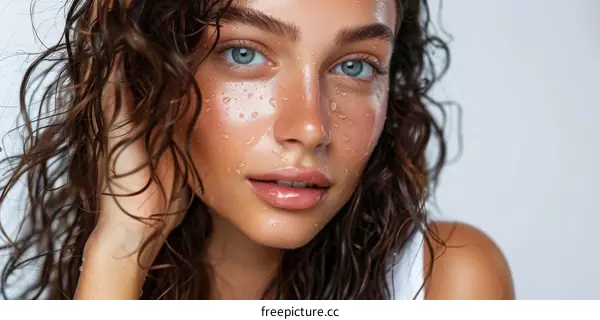 Closeup portrait of a beautiful young woman with wet skin