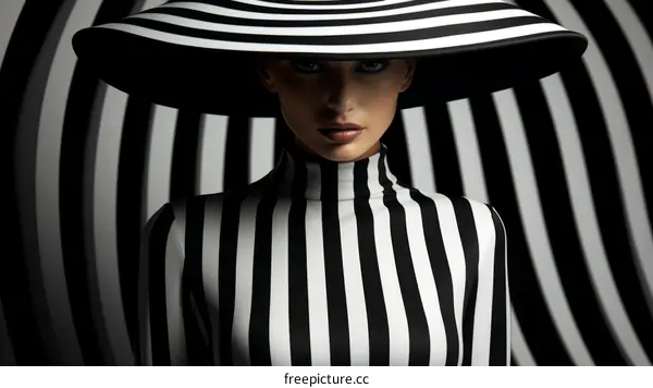 Black and white striped pattern portrait of a woman wearing a large hat
