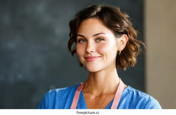 Portrait of a Friendly Woman in a Blue Uniform