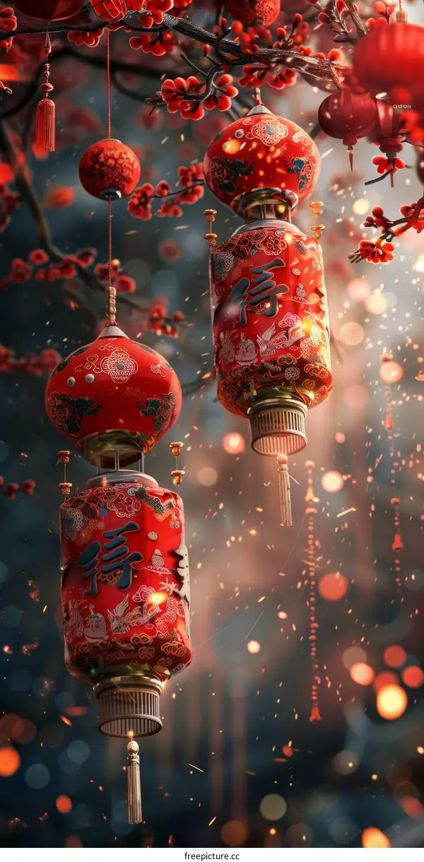 Red Chinese Lanterns with Plum Blossoms