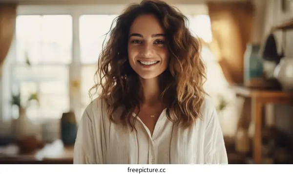 Portrait of a smiling young woman with long brown hair wearing a white shirt
