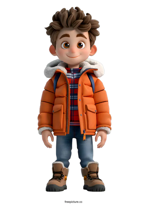 [Transparent Background PNG]3D rendering of a young boy wearing a winter jacket