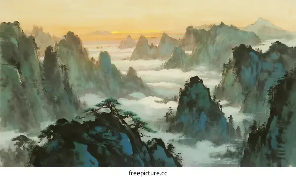 A Misty Morning View of Majestic Mountain Peaks