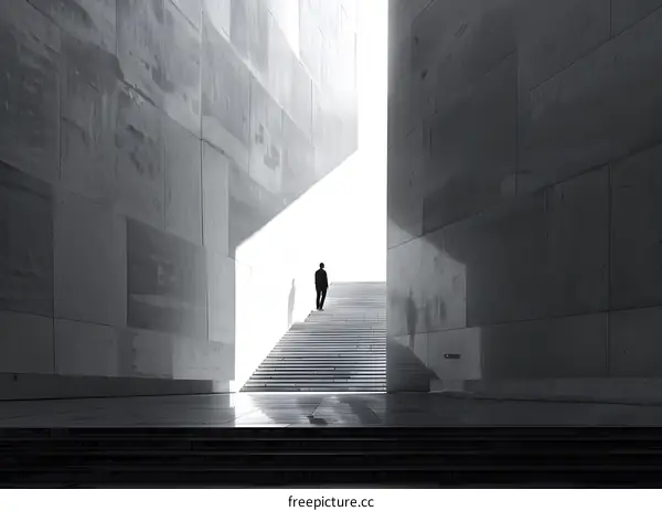 Man Walking Up Stairs Towards Bright Light in Modern Building