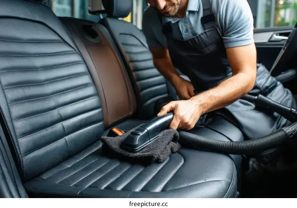 Car Interior Cleaning by Caucasian Male Worker
