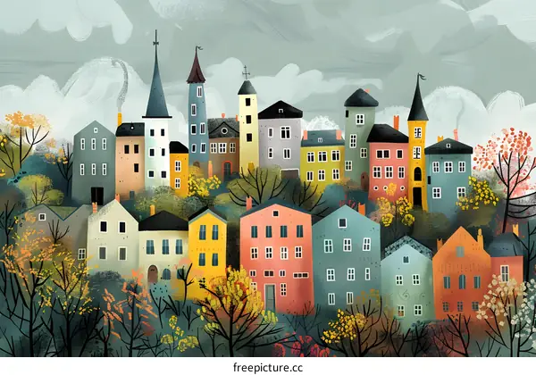 Colorful illustration of a cityscape with autumn trees