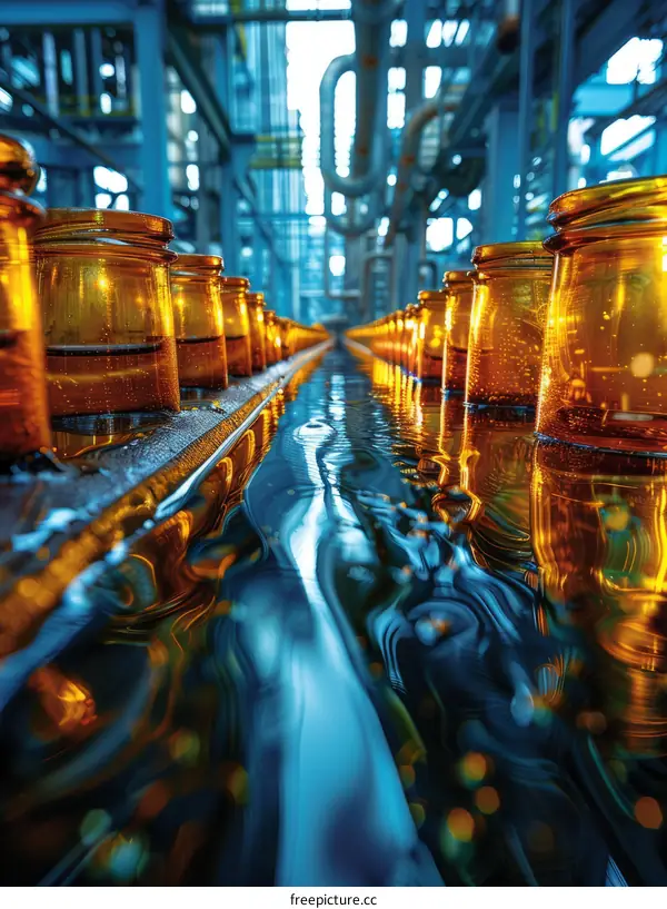 Bottles of amber liquid on a conveyor belt in a factory