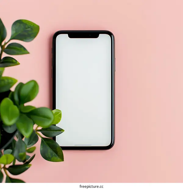 Black Smartphone With White Screen and Green Plant On Pink Background