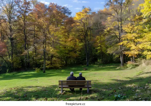 Two Men Sitting on a Bench in a Forest During Autumn