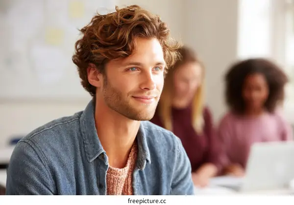 Caucasian Man in Thoughtful Pose with Other People in Background