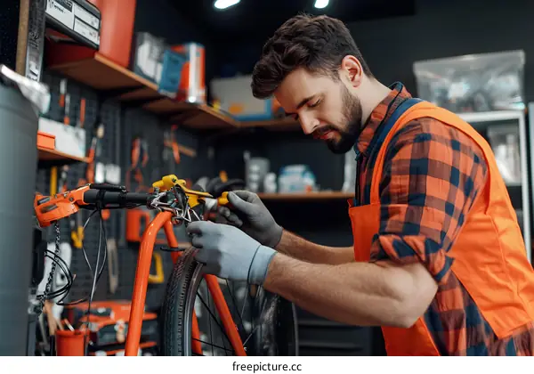 Bicycle Repair Man Working on a Red Bike in Workshop