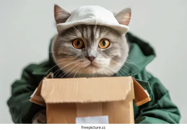 A cute cat wearing a hat and a jacket is sitting in a box