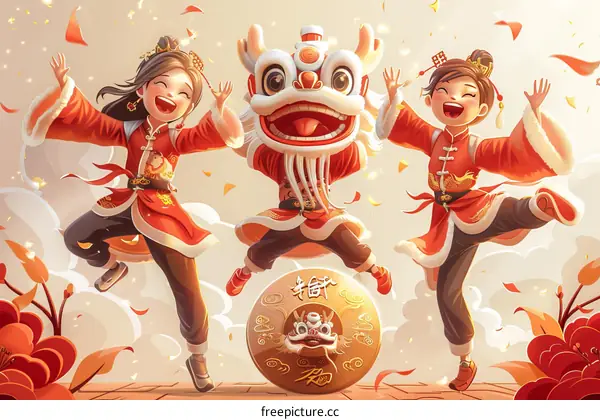 Three happy Chinese girls celebrate the new year with a lion dance