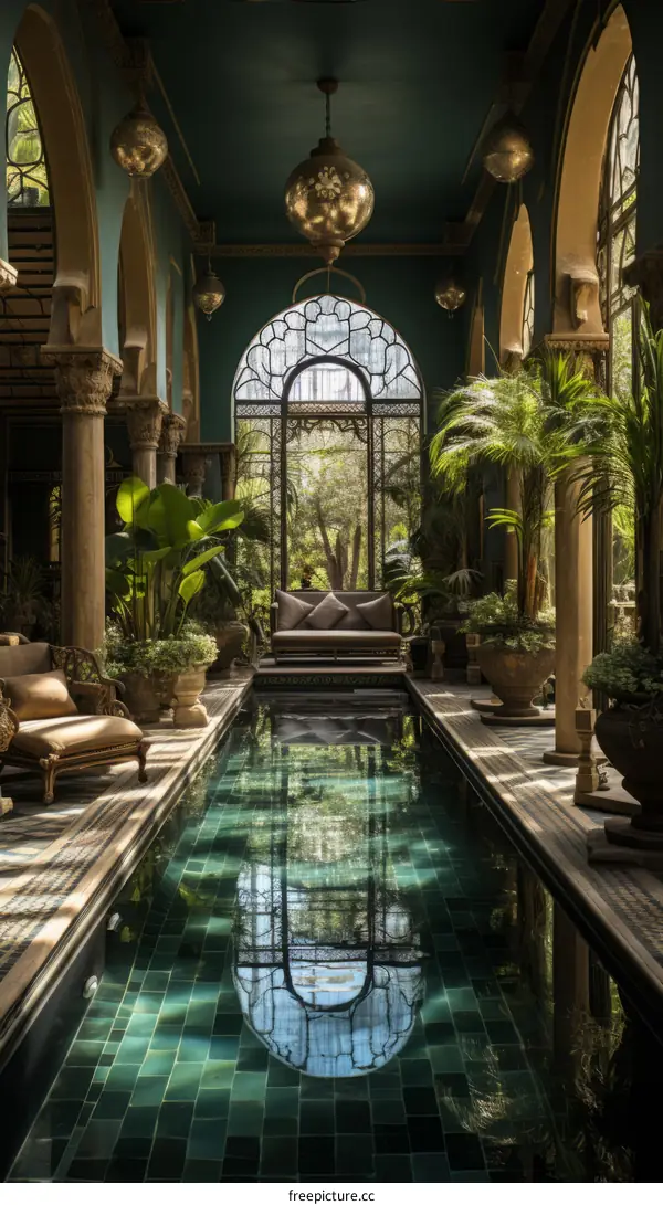 Indoor swimming pool with Moroccan architecture