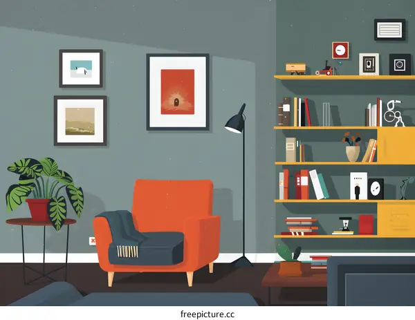 Modern Living Room with Cozy Armchair and Bookshelf