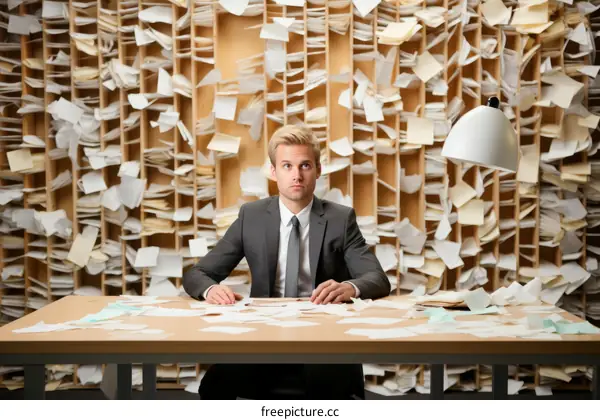 Young businessman sitting at a desk in an office surrounded by paperwork