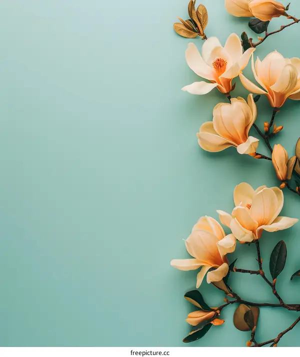Pale Magnolia Flower Branch on a Teal Background