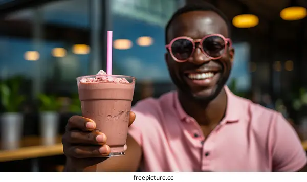 A young African-American man is drinking a chocolate milkshake.