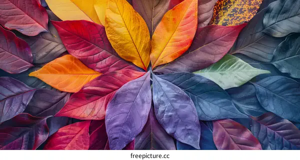 Colorful leaves arranged in a circle on a solid colored background