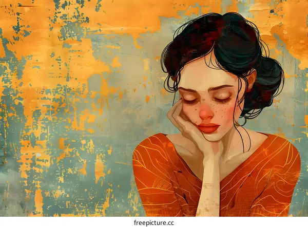 Digital Painting of Woman with Closed Eyes and Freckles