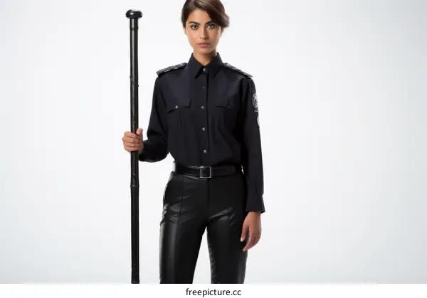 A female security guard in uniform with a baton