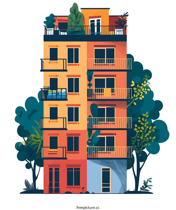 Colorful Apartment Building With Green Trees Illustration