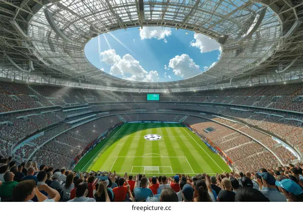 A large stadium filled with cheering crowd during a soccer match